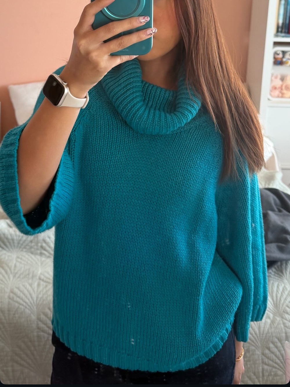 Teal Turquoise Cowl Funnel High Neck Cozy Knit Sweater